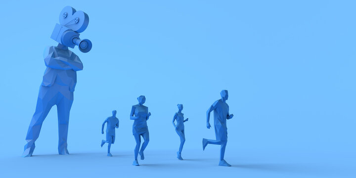 Giant man with an video camera instead of head scaring people who run away. Mass media. 3D illustration. Copy space.
