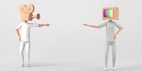 Man with video camera instead of head pointing at woman with television instead of head. Multimedia journalism. Mass media. 3D illustration. Copy space.