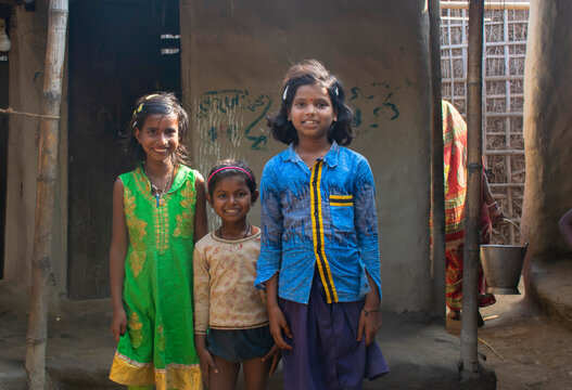 Happy Young Poor Indian Children Smiling, Bihar, India