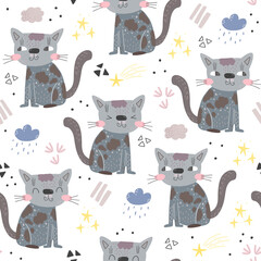 Seamless pattern with cute cartoon cats. Creative childish background. Vector illustration - 492749981