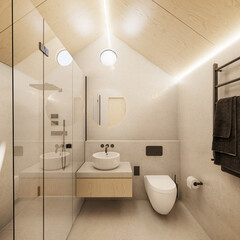Interior of tiny wooden house bathroom. Luxury wooden cabin bathroom interior.  - obrazy, fototapety, plakaty