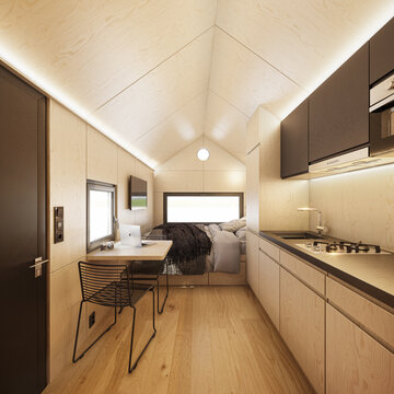Interior of tiny wooden house. Wooden cabin interior. 
