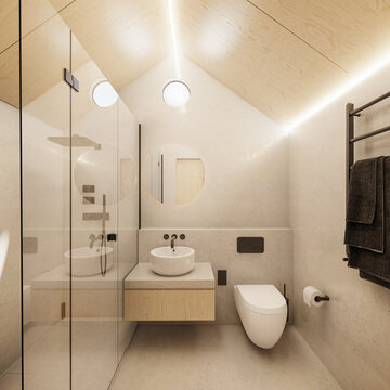 Interior of tiny wooden house bathroom. Luxury wooden cabin bathroom interior. 