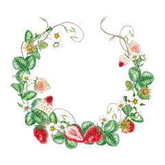 Srawberries with flowers, buds, stems and leaves. Round wreath of seasonal garden plant. Watercolor hand painted isolated element on white background.