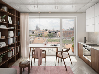 Interior of a small luxury apartment. Comfortable small living room with open space, 3D rendering