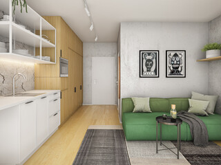 Interior of a small luxury green wooden apartment. Comfortable small living room with open space, 3D rendering