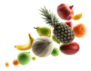 Fresh fruits levitate on a white background