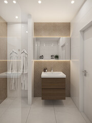 Modern bathroom interior with shower and toilet.