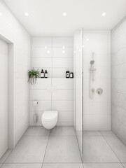 Modern bathroom interior with shower and toilet.