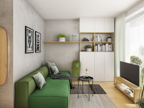 Interior of a small luxury green wooden apartment. Comfortable small living room with open space, 3D rendering