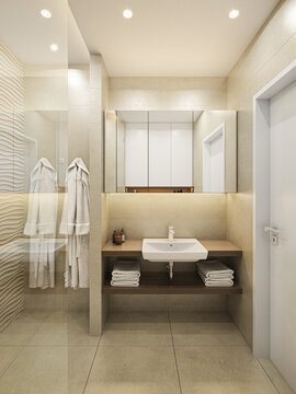 Modern bathroom interior with shower and toilet.