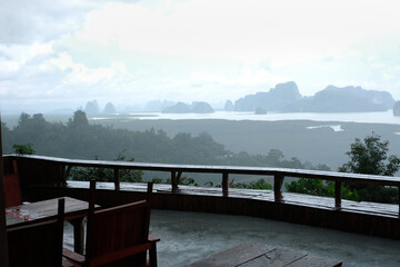 Terrace corner with Samet nangshe viewpoint in Phang Nga Thailand on raining day