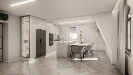 Interior of modern white apartment. Comfortable living room in the attic, 3D rendering