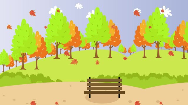 Empty bench with falling dried leaves at the park