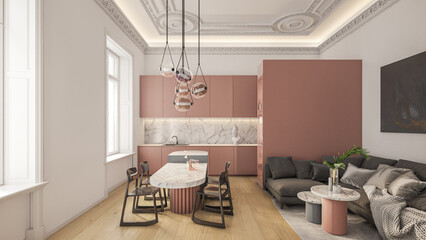 Interior of luxury apartmen. Comfortable living room with open space, 3D rendering