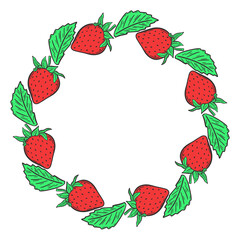 Round frame with strawberries and leaves vector illustration. Circular berry rim. Circle template healthy organic food