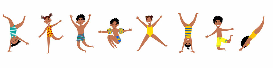 a set of happy African-American children. Girls and boys in bathing suits. Vector illustration in a flat style.