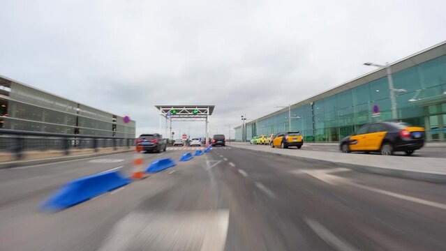 airport of Barcelona driving a car on the barcelona motorway highway in spain, fast camera mounted on the front