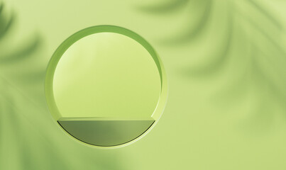 Minimal circle green background for product presentation. Tropical leaf shadow on plaster wall. 3d render. Spring and summer.
