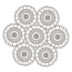 Mandala in black and white coloring page for colouring book. Leafs and flowers  in monocrome colors. Doodles pattern