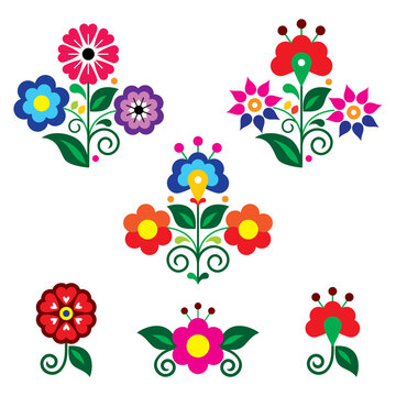 Mexican folk art style vector floral design elements, retro vibrant collection inspired by traditional embroidery

