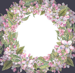 Watercolor illustration frame, wreath of flowering fruit trees and garden tools. A fresh and beautiful floral set for springtime.