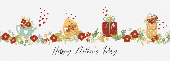 Fototapeta na wymiar Cute hand drawn Mother's Day seamless pattern, lovely floral background with roses, great for textiles, banners, wallpapers, wrapping - vector design
