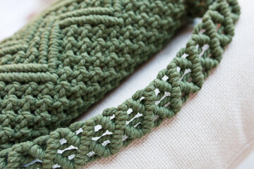 Handmade macrame bag dark green color. ECO friendly natural macrame cotton cross-body bag. Hobby knitting handmade macrame. Modern summer concept.