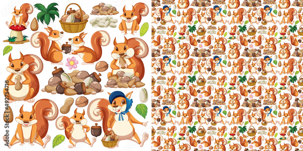 Wall mural seamless background with squirrels and nuts