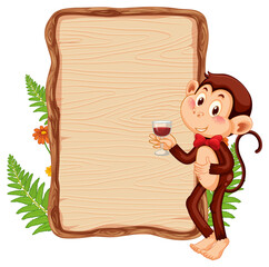Blank wooden signboard with cute monkey