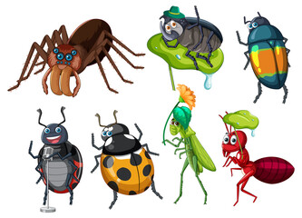 Set of different insects and beetles in cartoon style