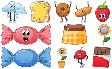 Fototapeta premium Set of facial expression with vintage style food cartoon on white background