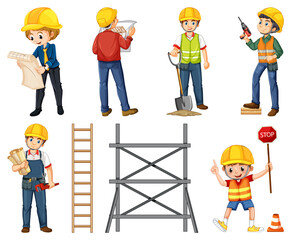 Fototapeta na wymiar Construction worker set with people doing different jobs