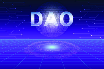 DAO, Decentralized autonomous organization concept design. Earth globe composed of digital 1 and 0 on futuristic environmental background.