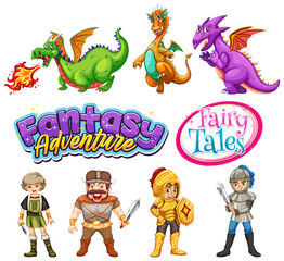 Fototapeta premium Set of dragons and fairy tale cartoon characters