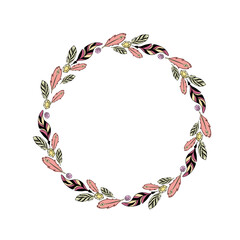 Round text frames in boho style with beads, pendants, feathers and crystals. Vintage Template wreath, round frame