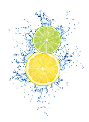 Composition with citrus fruits - lemon and lime in water splashes isolated on white background.