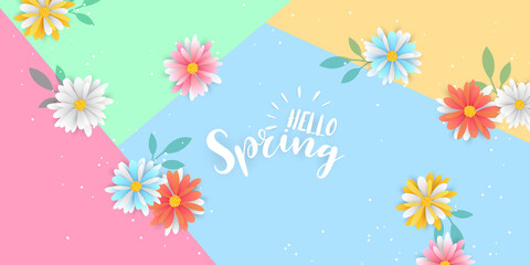 Fototapeta na wymiar vector spring banner background with spring text and colorful paper cut flower elements vector illustration