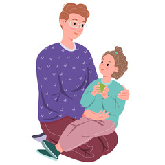 Dad and child. Dad hugs his daughter with great love and tenderness. Dad playing with baby. Cartoon flat isolated vector design.
