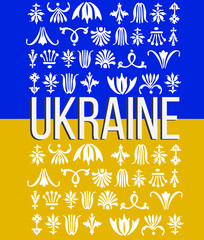 Flag of the country of Ukraine with white letters and ornaments 
Poster The territory of the state of Ukraine on a black background