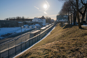 Narva Estonia 10 March 2022 . View of the Estonian border checkpoint. Accumulation of trucks....