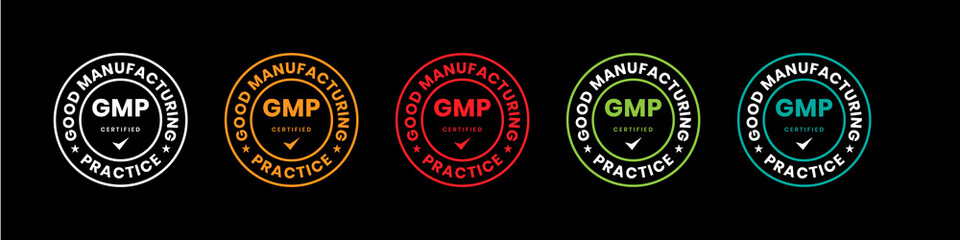 GMP Good Manufacturing Practice certified round stamp on black background - obrazy, fototapety, plakaty