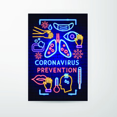 Coronavirus Prevention Neon Flyer. Vector Illustration of Pandemic Promotion.