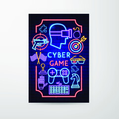 Cyber Game Neon Flyer. Vector Illustration of Technology Promotion.