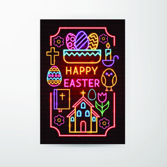 Easter Neon Flyer. Vector Illustration of Holiday Promotion.