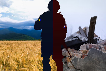 Russian-Ukrainian war. Silhouette of Ukrainian defender in wheat field on one side and Russian...