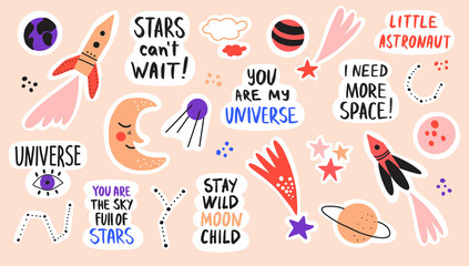 Set of vector stickers with stars, planets and spaceships for daily planners and diaries. Vector flat illustration with hand drawn doodles and handwritten trendy lettering.