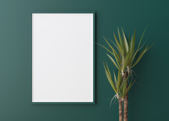 Empty vertical picture frame on green wall. Free, copy space for picture, poster. Template for your design. Plant. 3D rendering.