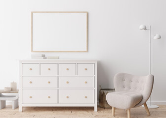 Empty horizontal picture frame on white wall in modern living room. Mock up interior in scandinavian style. Free, copy space for your picture, poster. Armchair, sideboard, lamp, books. 3D rendering.