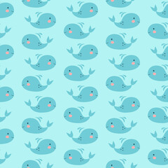 Seamless pattern with little blue whales on blue background. Modern design for fabric and paper, surface textures.